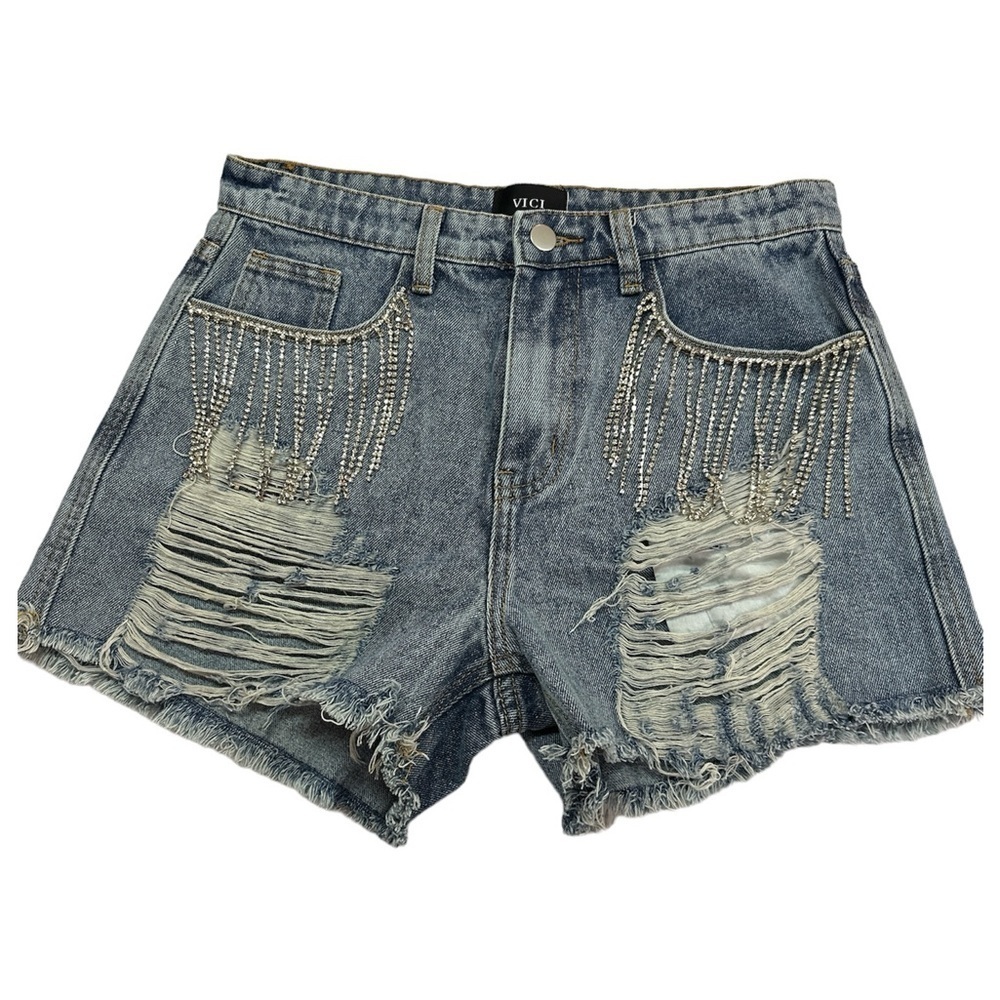 Vici Bejeweled Faux Diamond Destroyed Five Pocket Cotton Denim Jean Shorts Med